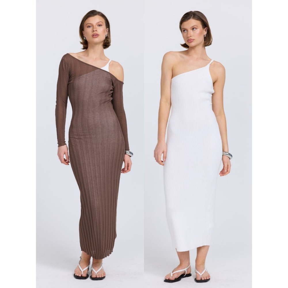 Sovere Duality Layered Dress Truffle /Off White S Asymmetric Minimalist Luxury
